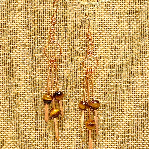 HANDMADE Tigers Eye and Hand Wrapped and Hammered Bare Copper Dangle Earrings - Picture 10 of 10